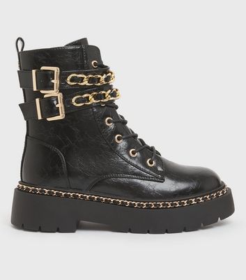 Little Mistress Black Chain Chunky Biker Boots | New Look