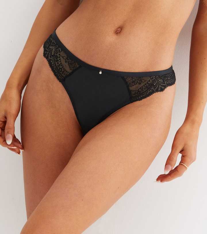 New Look satin and lace thong in black