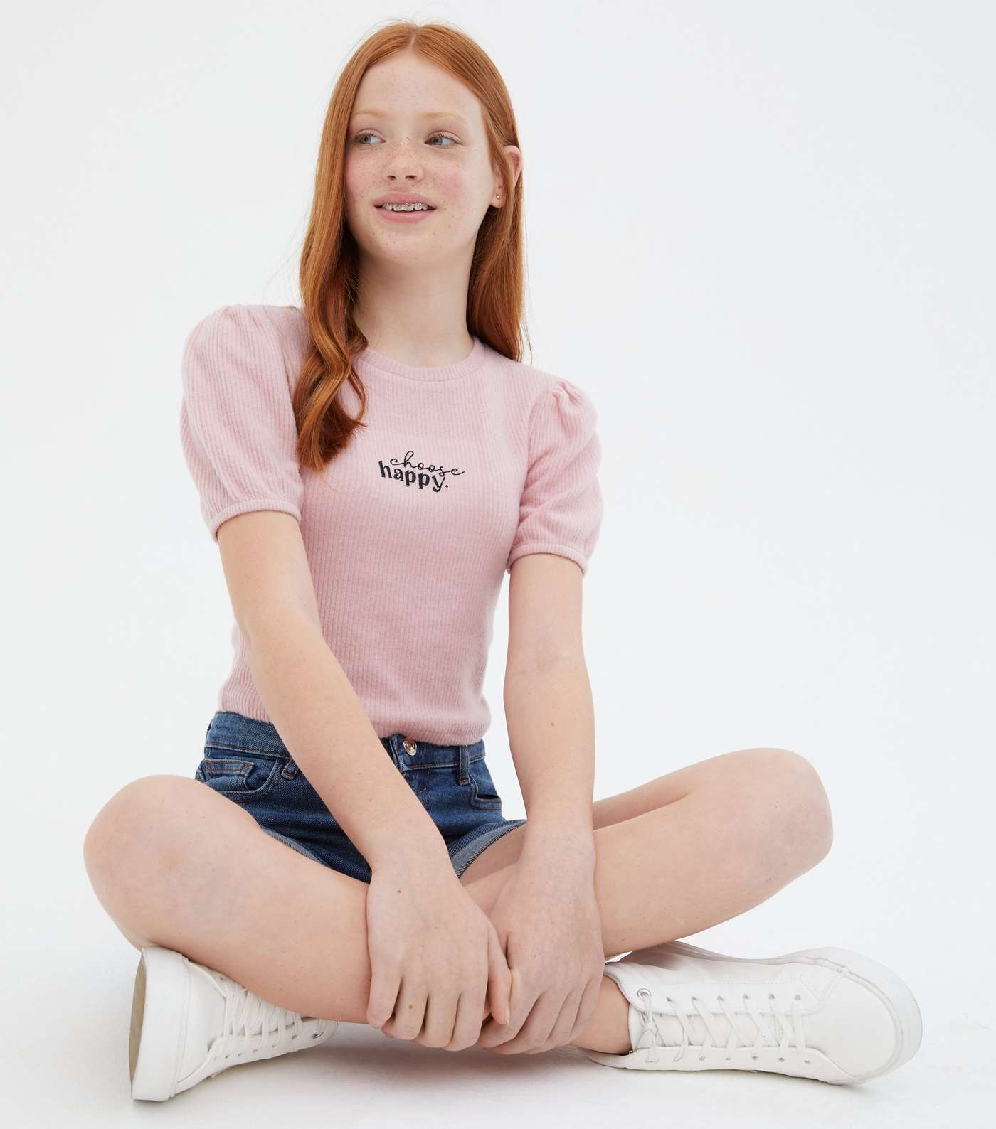 Girls Pale Pink Fine Knit Puff Sleeve Logo Top Image 2