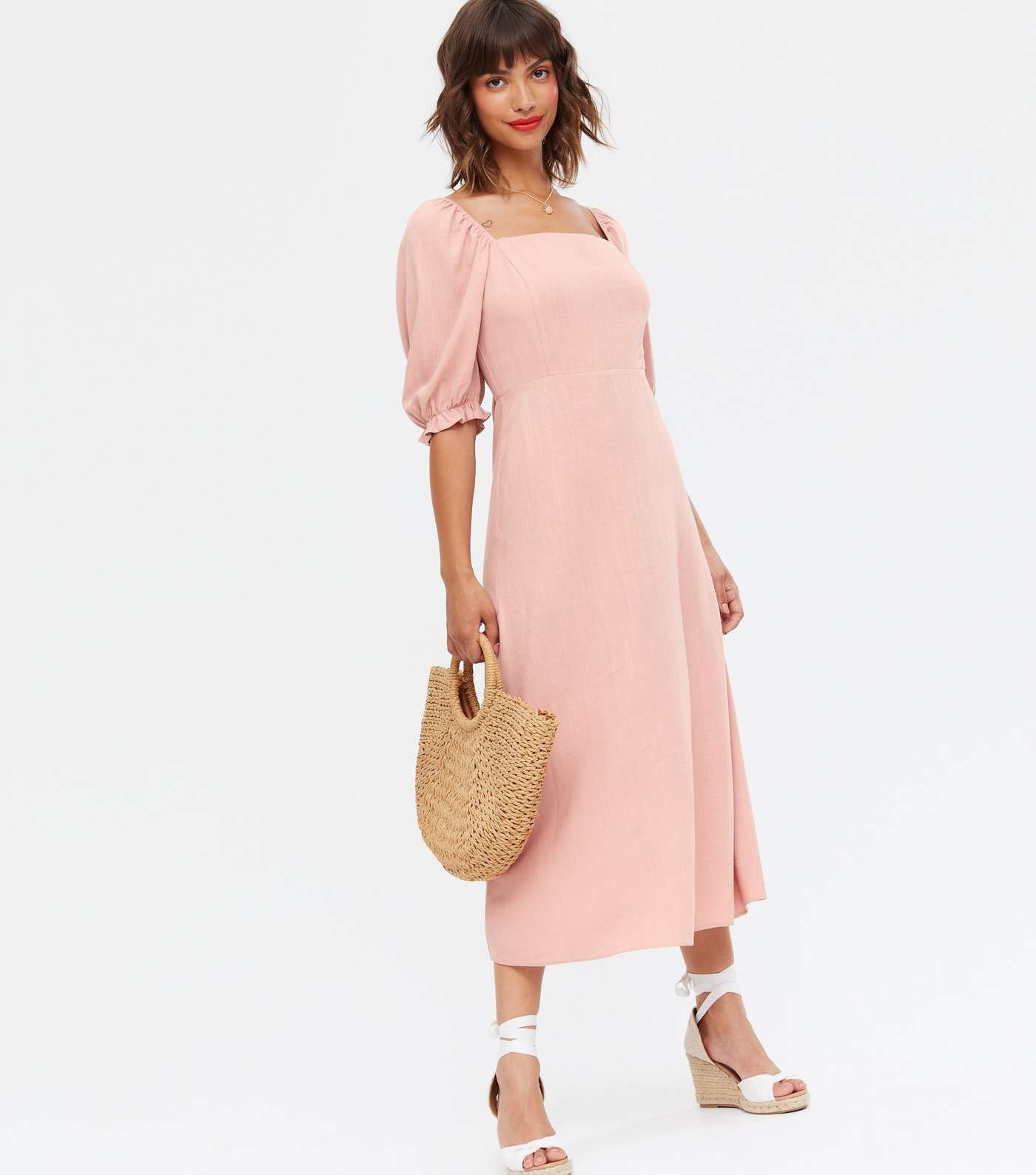 Pink Linen Look Square Neck Midi Dress