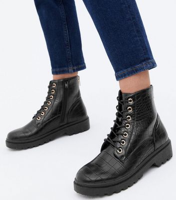 Teenager Schuhe für Mädchen Girls Black Faux Croc Chunky Lace Up Boots