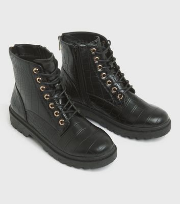 Click to view product details and reviews for Girls Black Faux Croc Chunky Lace Up Boots New Look Vegan.