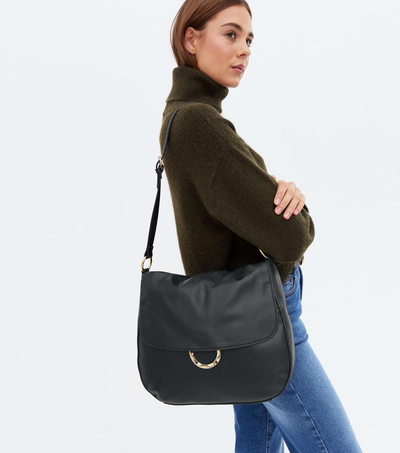 Black Leather-Look Ring Shoulder Bag Image 2
