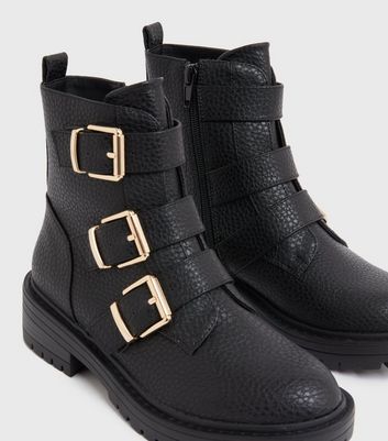 Click to view product details and reviews for Girls Black Triple Buckle Chunky Biker Boots New Look Vegan.