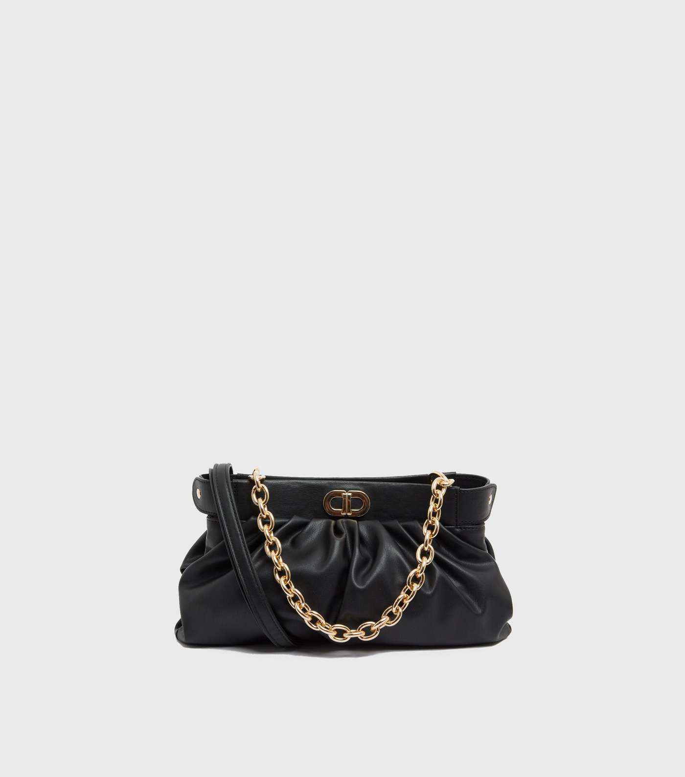 Black Ruched Leather-Look Chain Shoulder Bag