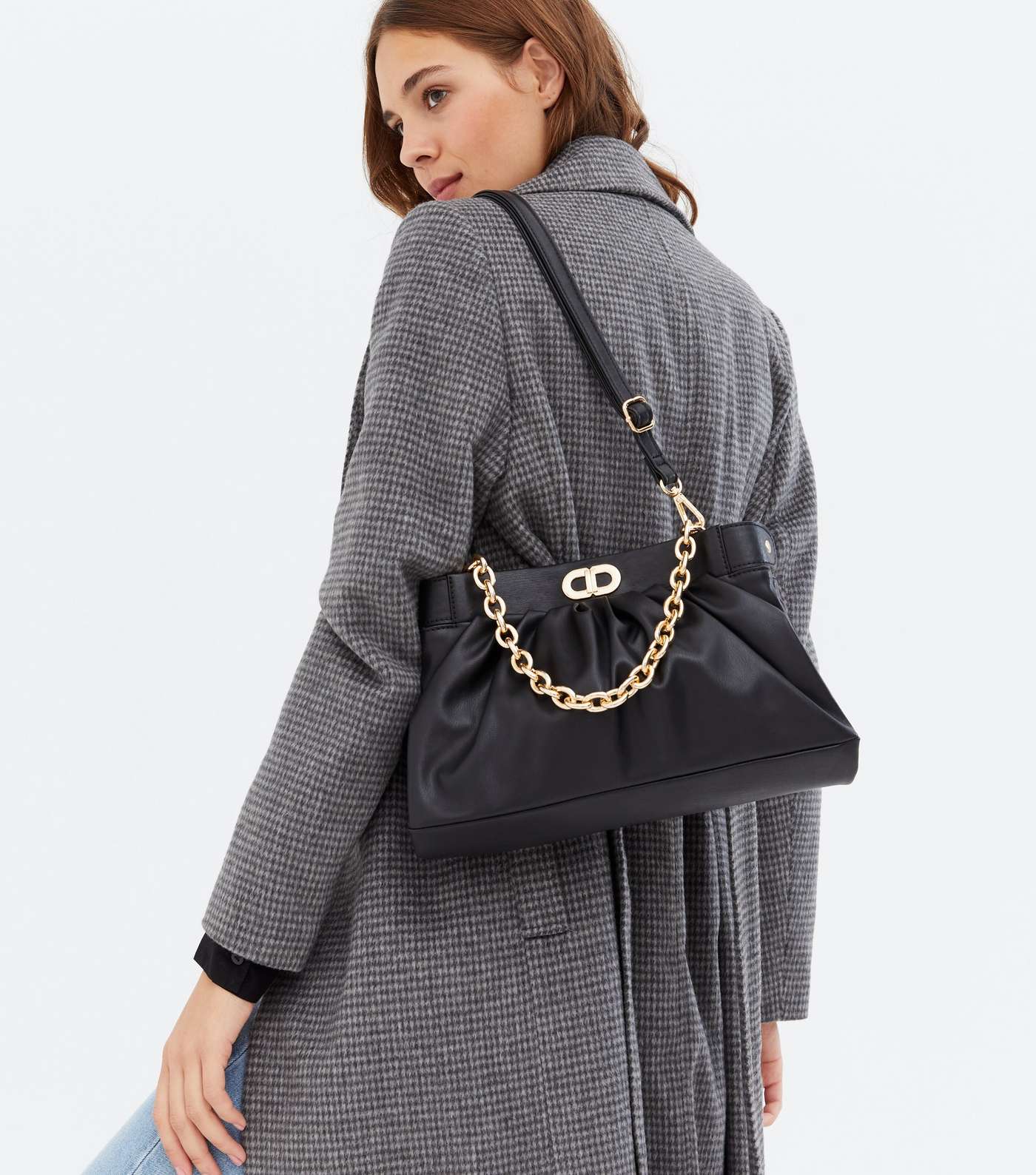 Black Ruched Leather-Look Chain Shoulder Bag Image 3