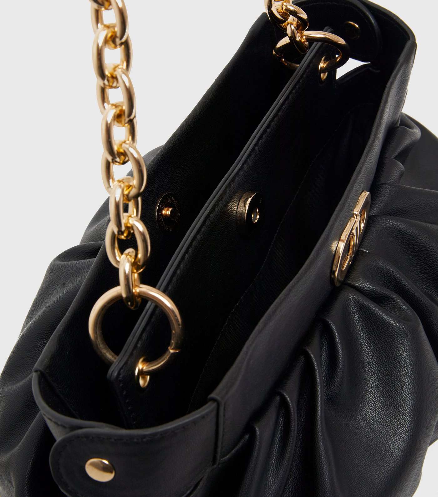 Black Ruched Leather-Look Chain Shoulder Bag Image 7