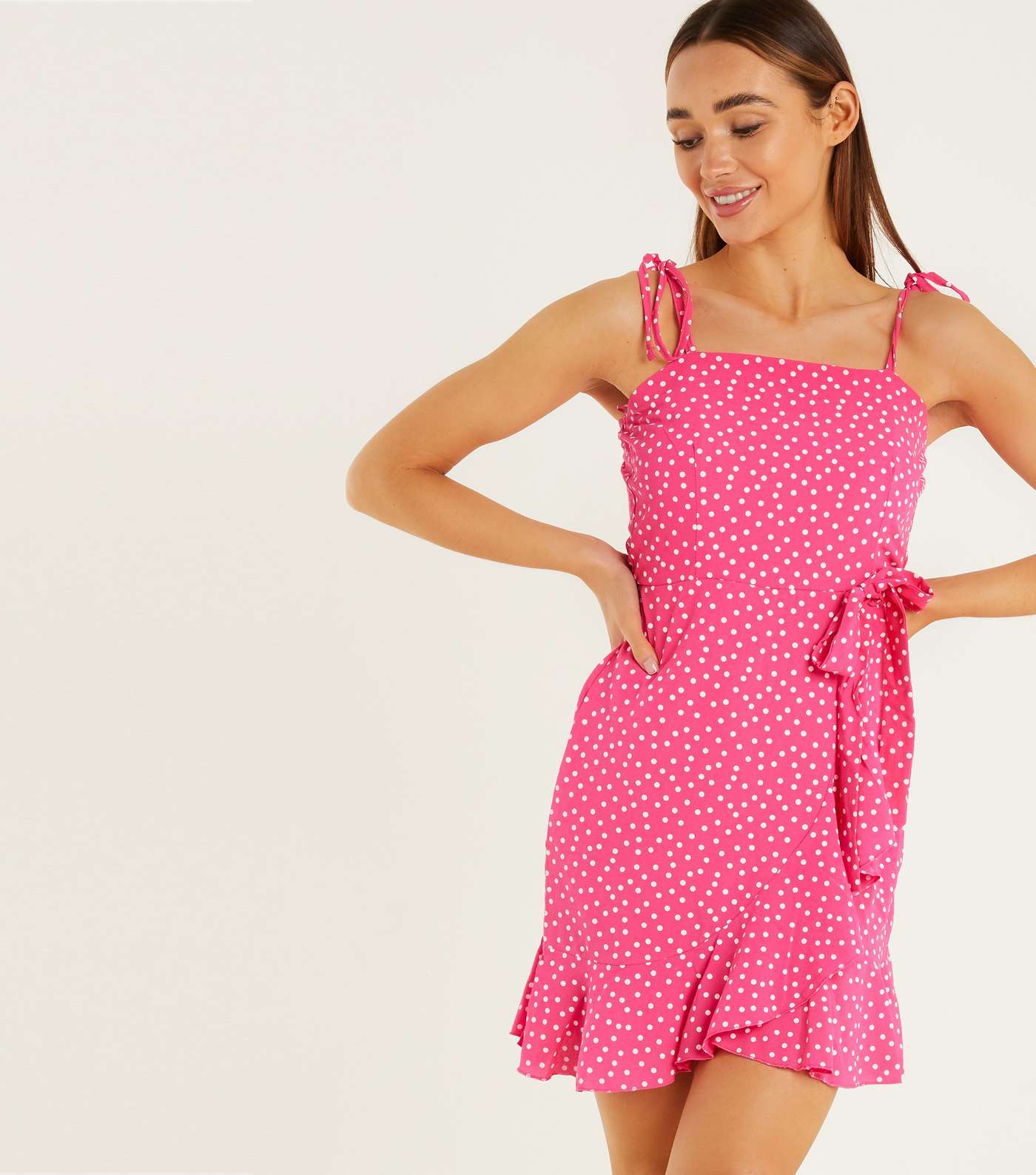 QUIZ Bright Pink Polka Dot Ruffle Mini Dress