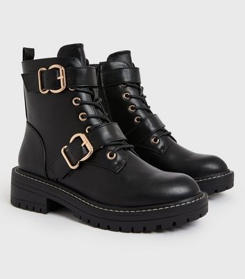 Girls Black Lace Up Buckle Chunky Biker Boots New Look