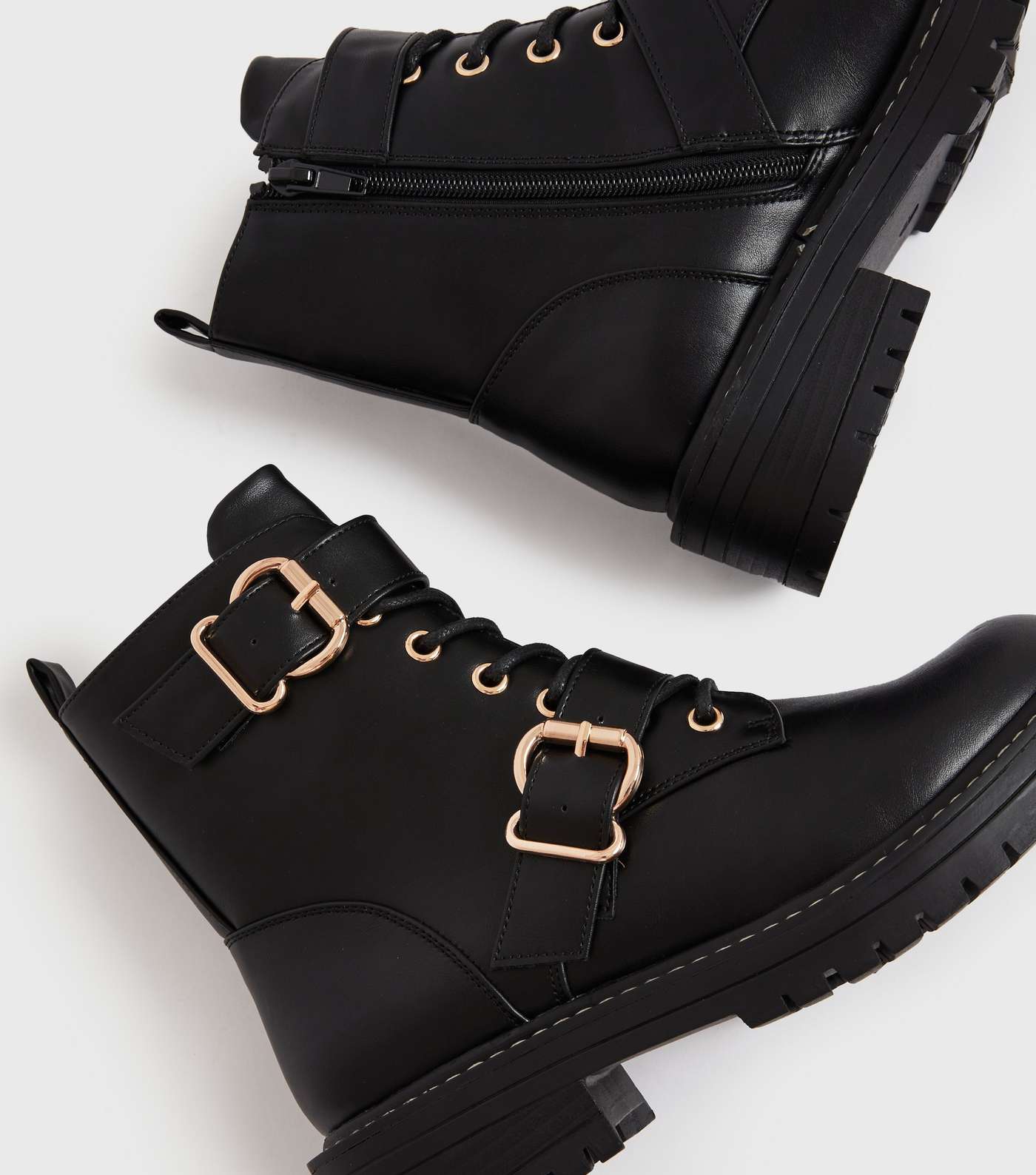 Girls Black Lace Up Buckle Chunky Biker Boots Image 4