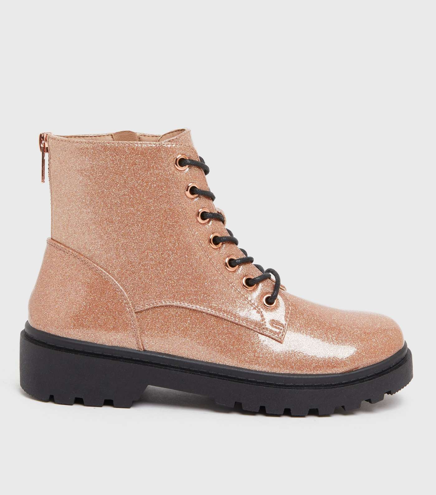 Girls Pink Patent Glitter Chunky Boots