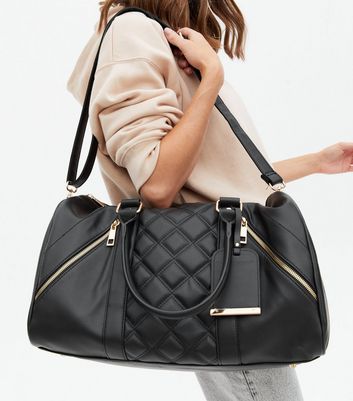 Black Quilted Leather Look Weekend Bag New Look