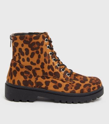 Girls Tan Leopard Print Suedette Lace Up Chunky Ankle Boots