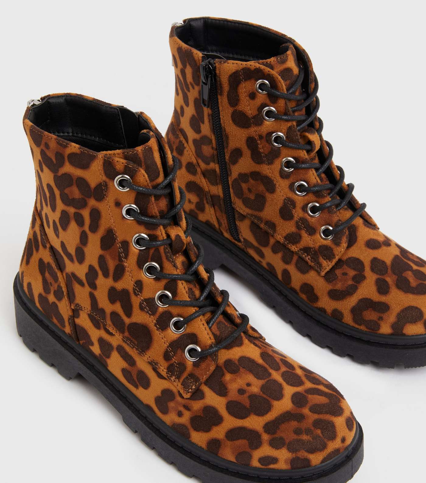 Girls Tan Leopard Print Suedette Lace Up Chunky Ankle Boots Image 3