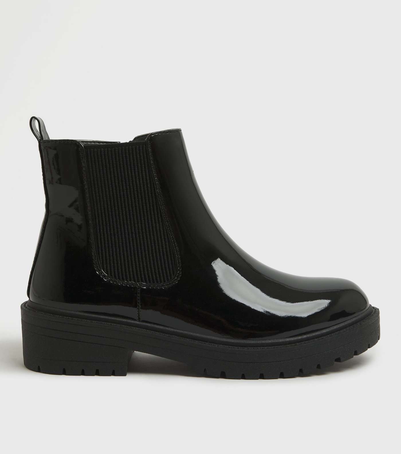Girls Black Patent Chunky Chelsea Boots