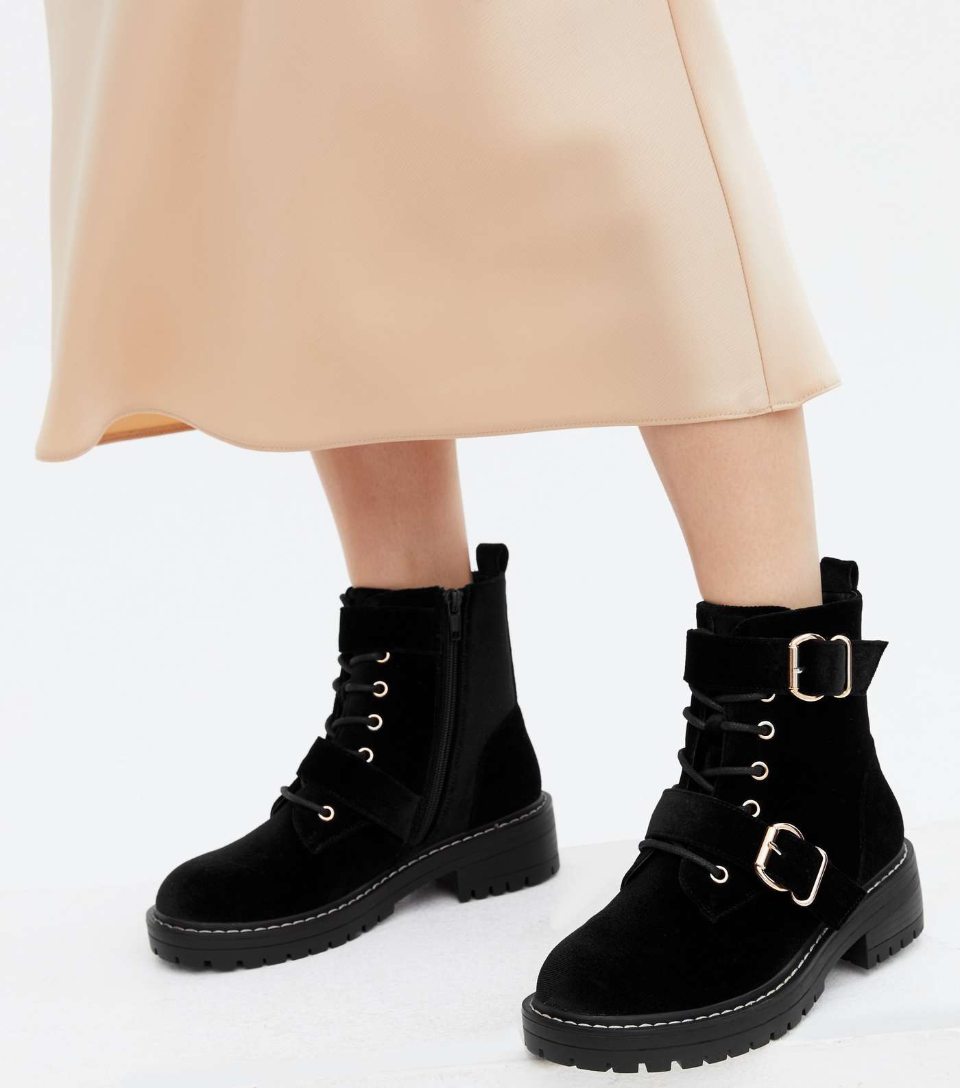 Girls Black Suedette Double Buckle Chunky Ankle Boots Image 2