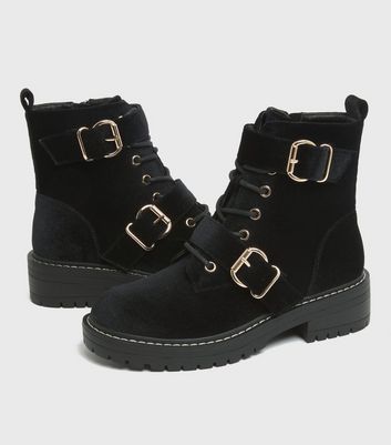 Girls Black Suedette Double Buckle Chunky Ankle Boots New Look