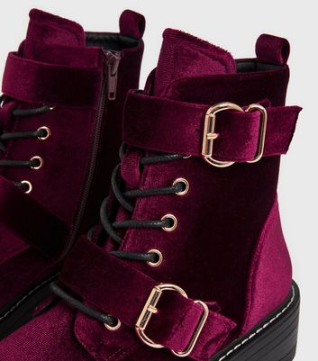 Girls Dark Red Velvet Double Buckle Chunky Ankle Boots New Look