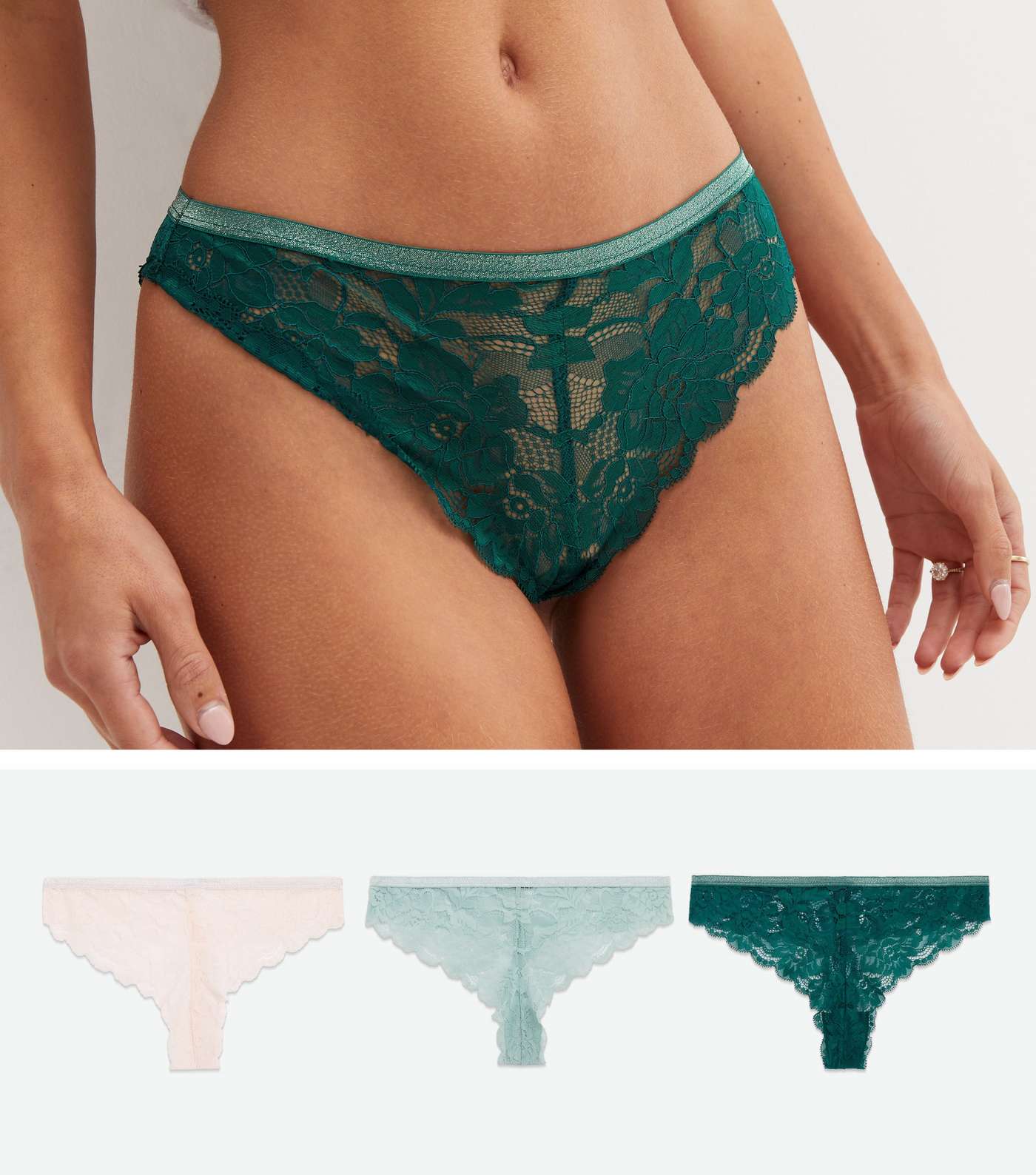 3 Pack Mint Green and Cream Floral Lace Thongs