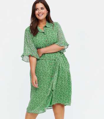 Yumi Curves Green Ditsy Floral Midi Shirt Dress