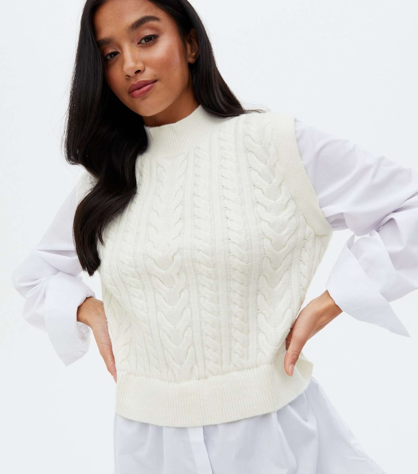 Petite Cream Cable Knit 2-in-1 Vest Jumper Shirt Image 3