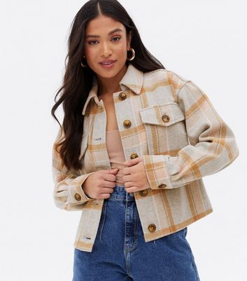 womens beige check shacket