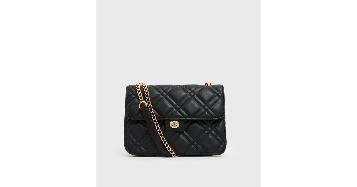 Black Quilted Chain Strap Cross Body Bag New Look