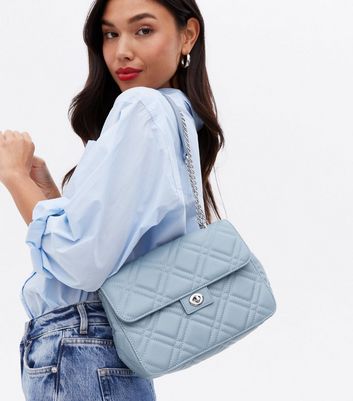 Pale Blue Quilted Chain Strap Cross Body Bag