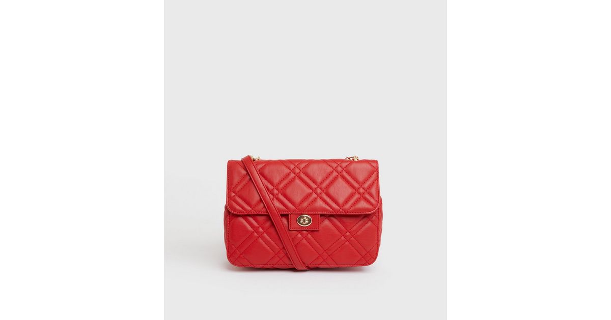 Red Quilted Chain Strap Cross Body Bag New Look