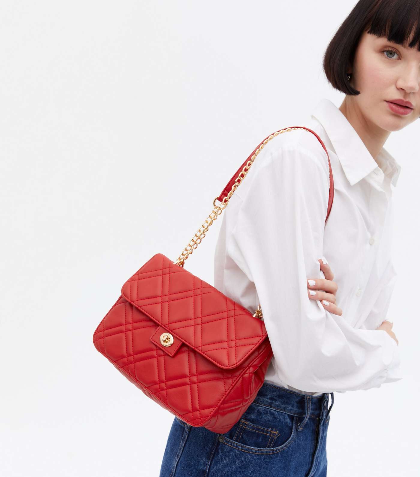 Red Quilted Chain Strap Cross Body Bag Image 2