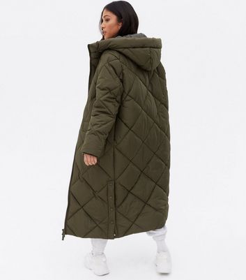 Petite Khaki Quilted Long Puffer Coat 