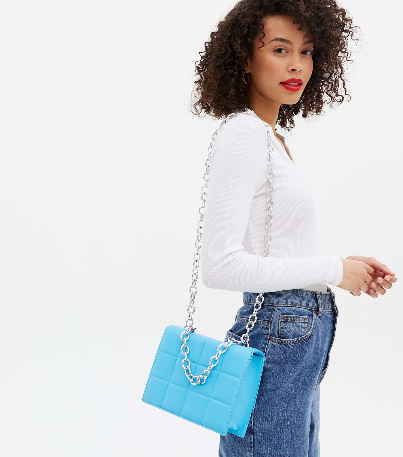 Bright Blue Quilted Leather-Look Chain Shoulder Bag Image 2