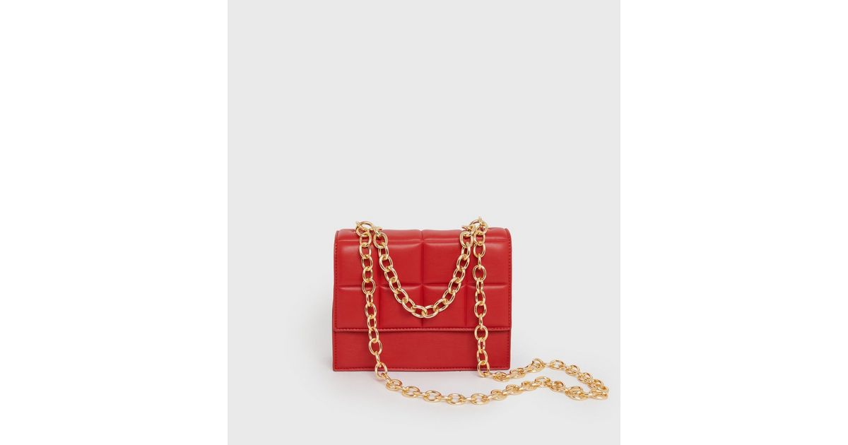 Red Quilted LeatherLook Chain Shoulder Bag New Look