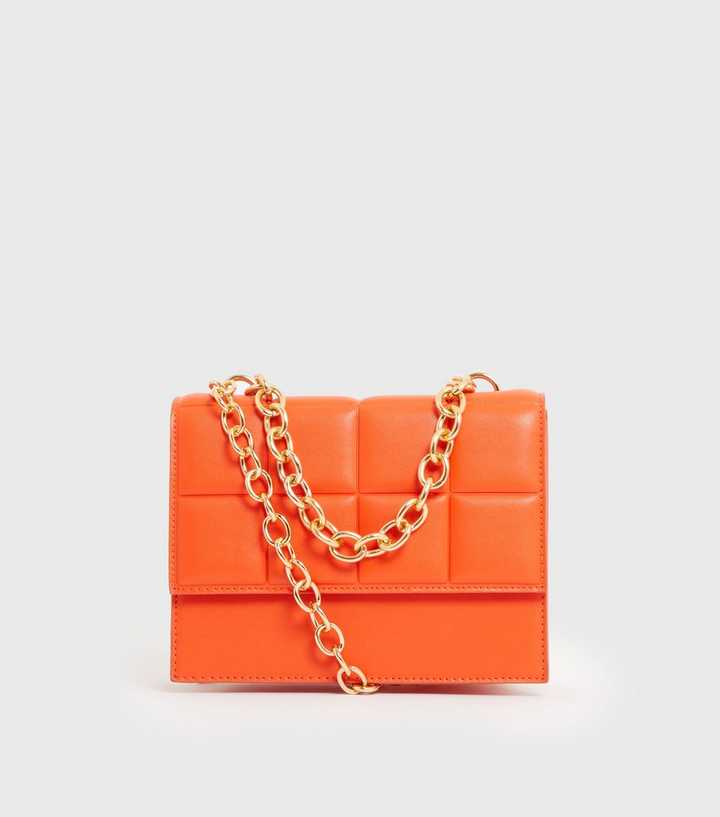 Bright Orange Quilted Leather-Look Chain Shoulder Bag