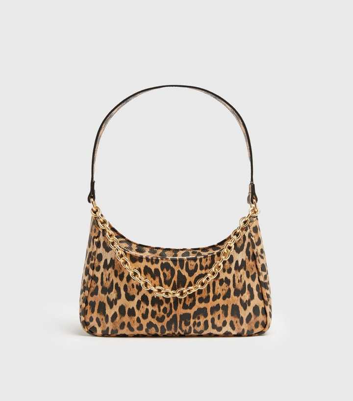 Brown Leopard Print Chain Shoulder Bag