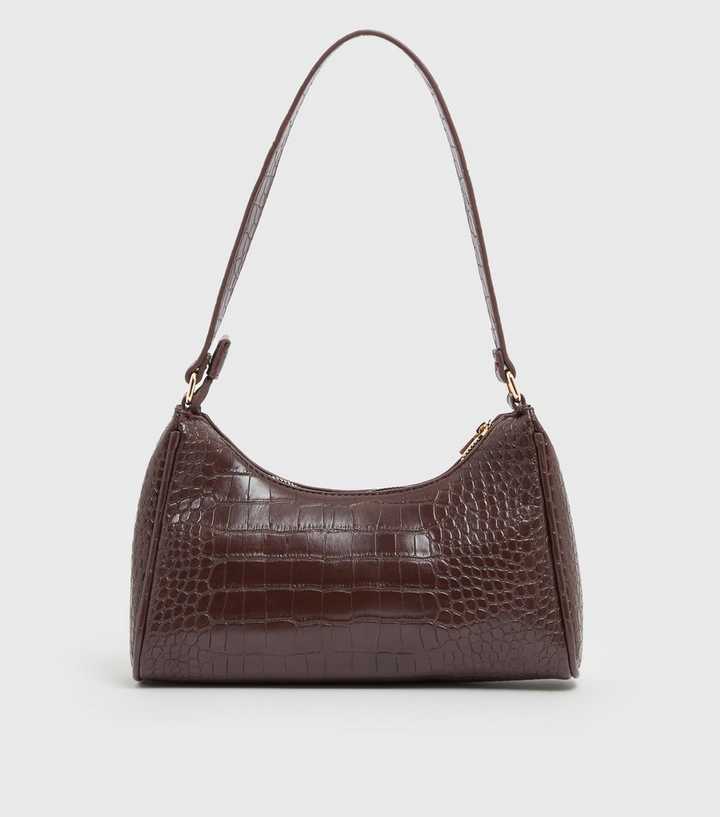 Dark Brown Faux Croc Shoulder Bag | New Look