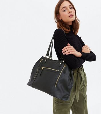 Black Leather-Look Zip Front Tote Bag