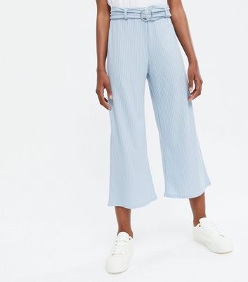 Girls Pale Blue Ribbed Belted Wide Leg 
