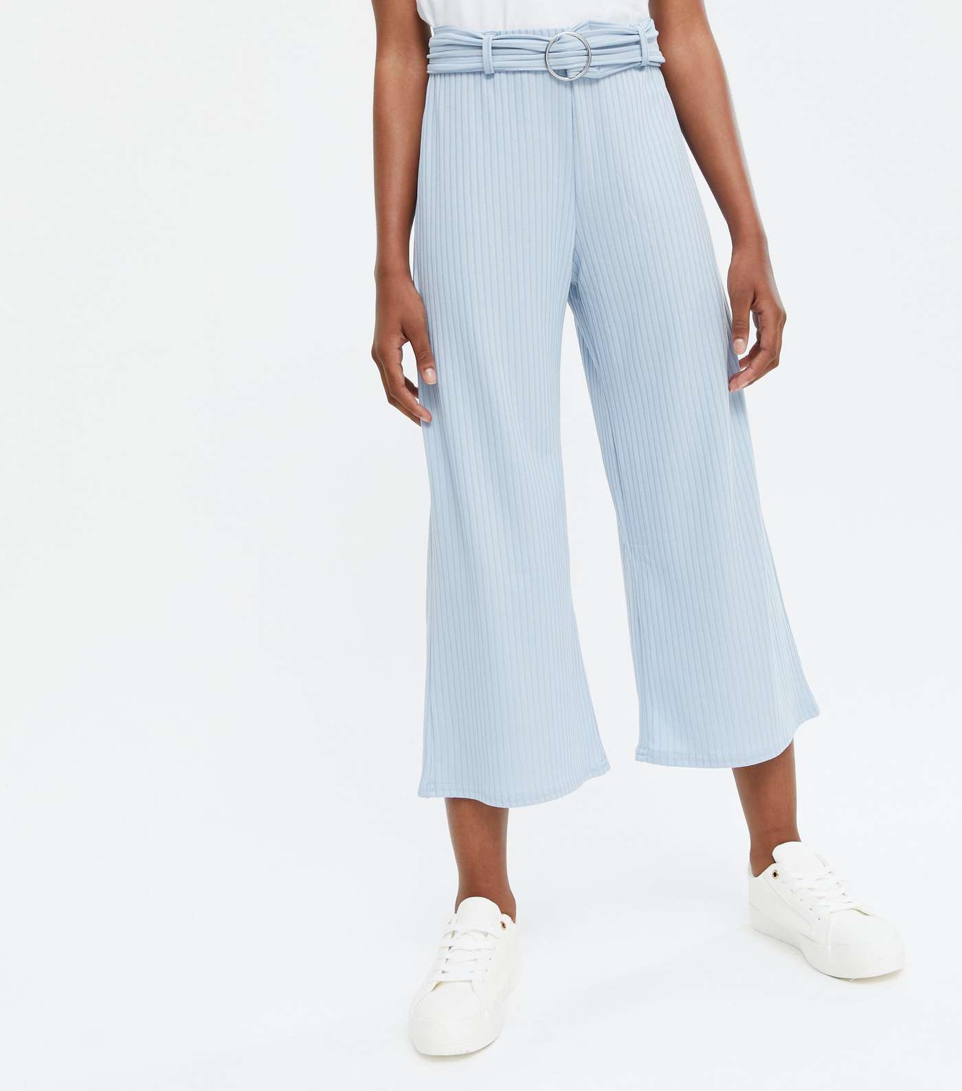 Girls Pale Blue Ribbed Belted Wide Leg Crop Trousers Image 2