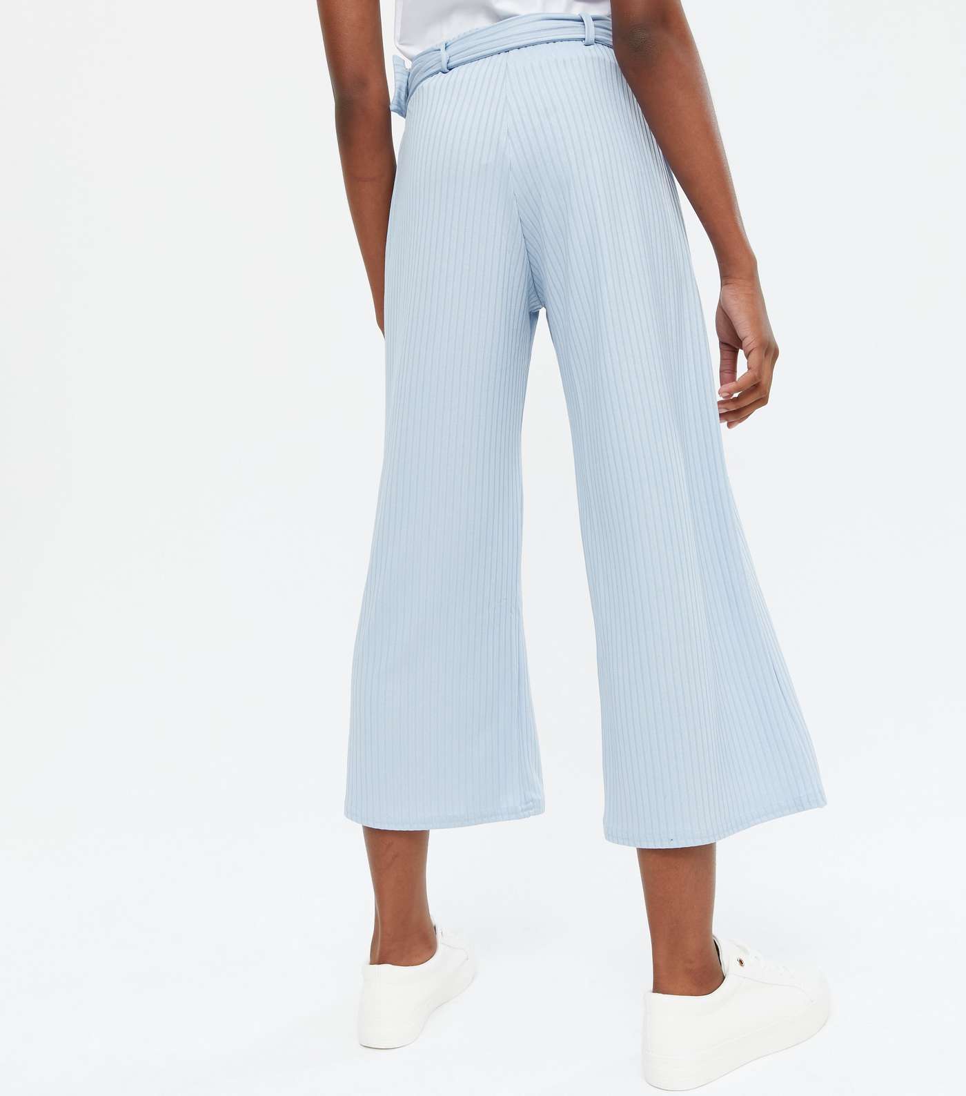 Girls Pale Blue Ribbed Belted Wide Leg Crop Trousers Image 4