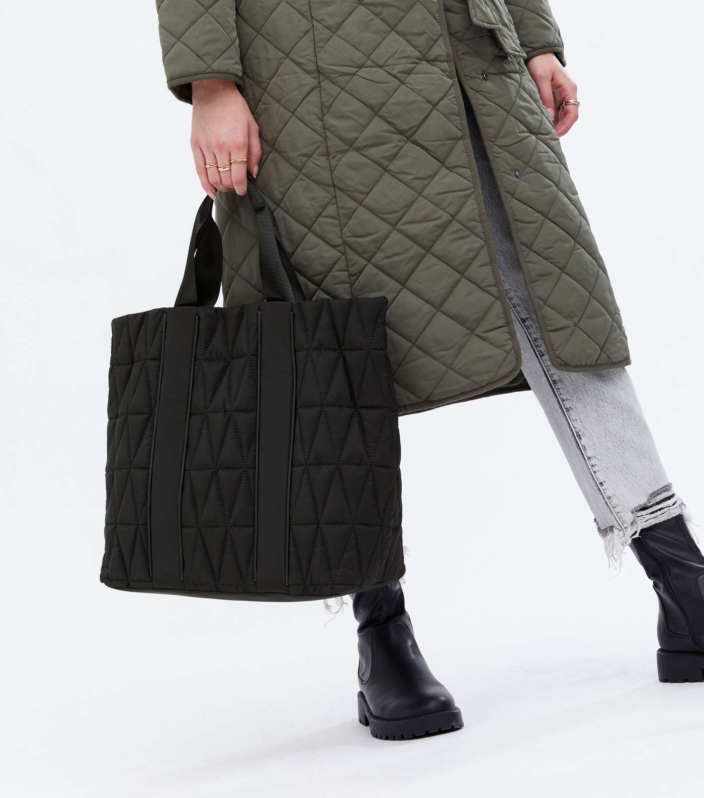 Black Quilted Double Handle Tote Bag Image 2