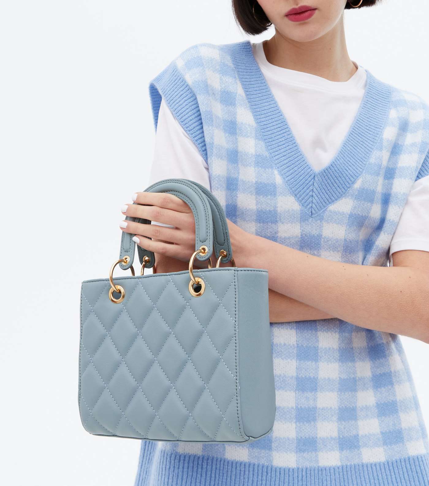 Pale Blue Quilted Leather-Look Cross Body Bag Image 2