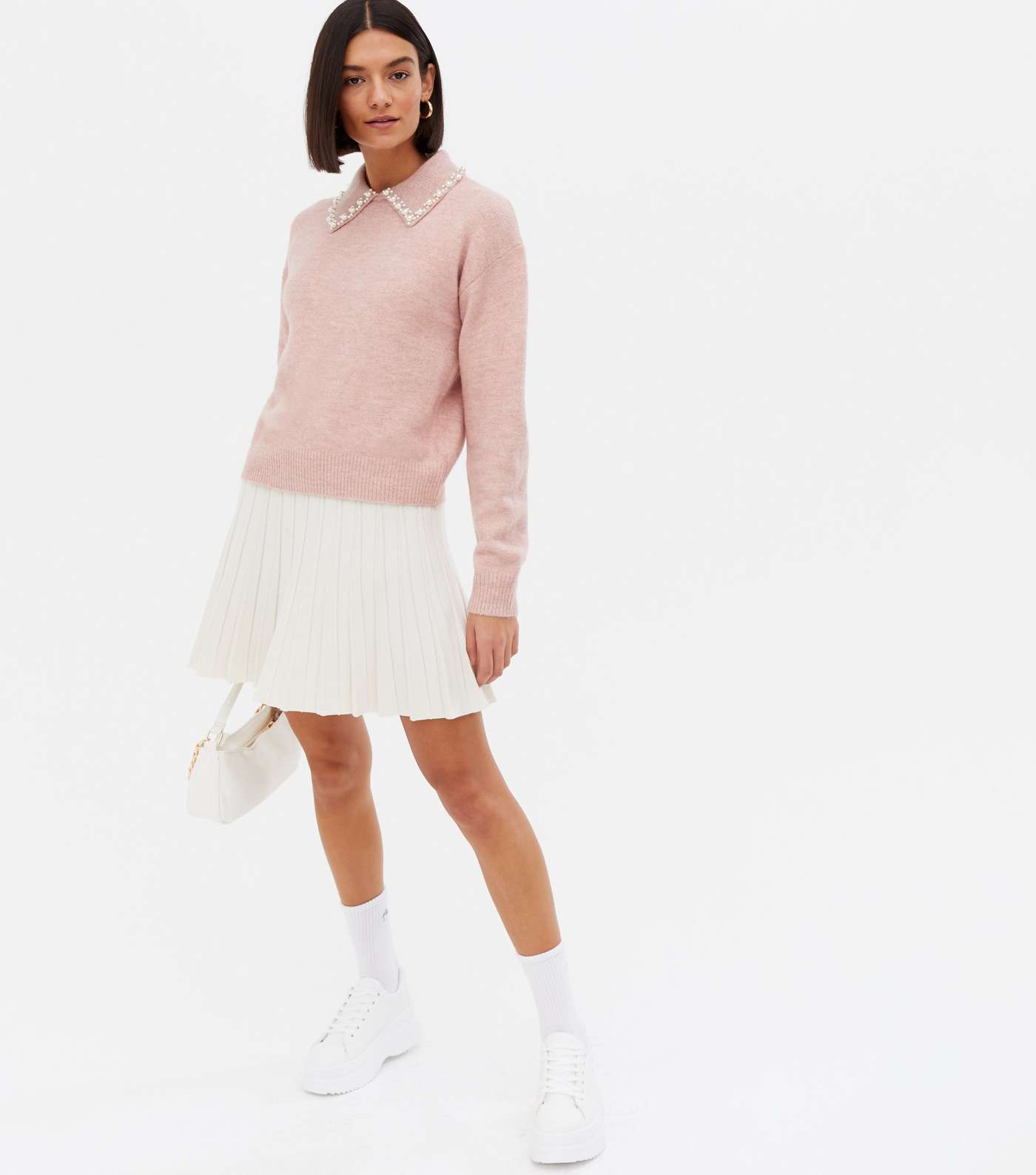 Mid Pink Faux Pearl Embellished Collar Jumper Image 2