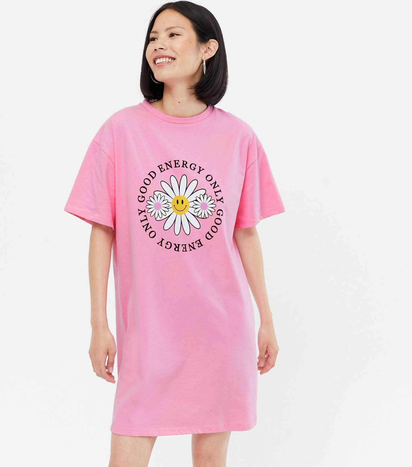 Pink Floral Good Energy Logo T-Shirt Dress