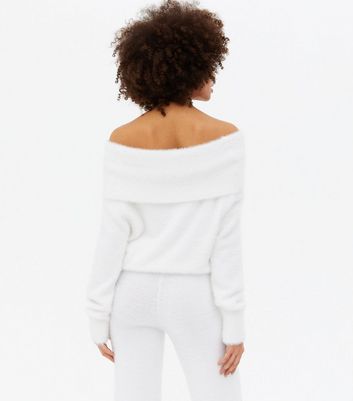 White Fluffy Knit Bardot Jumper New Look