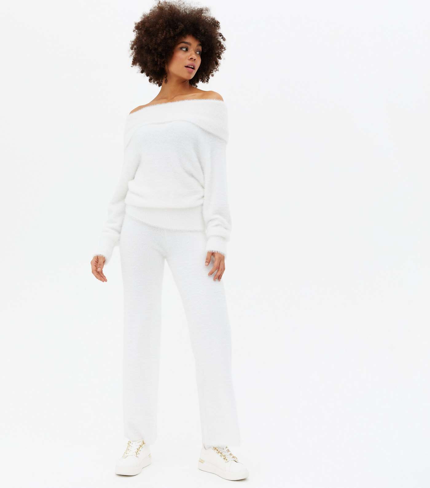 White Fluffy Knit Trousers