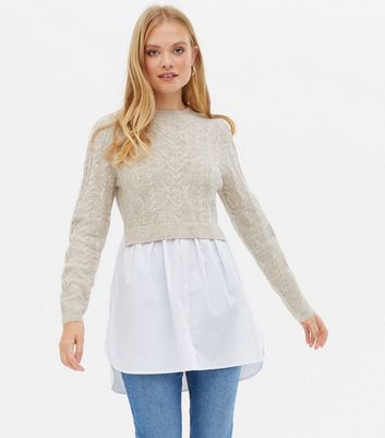 Cream 2 in 1 Cable Knit Shirt Jumper 