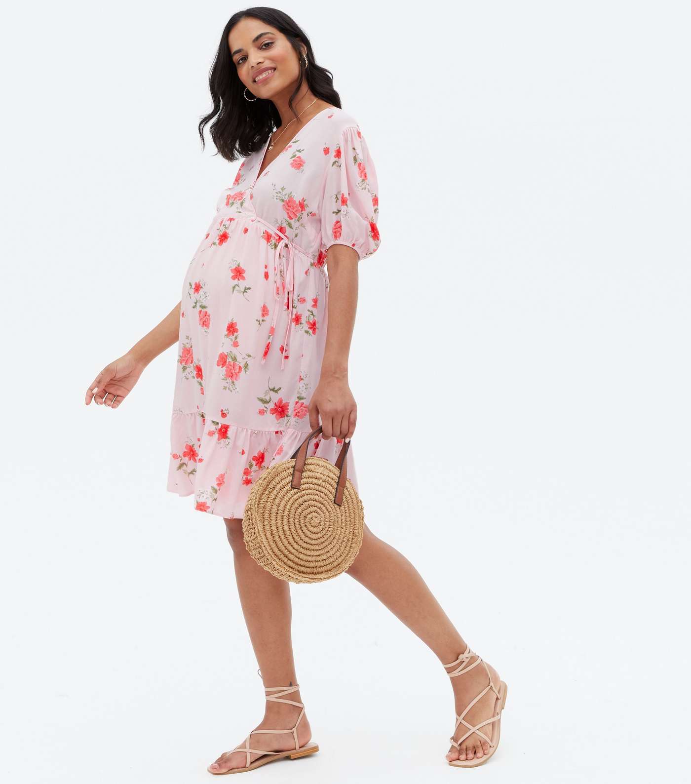Maternity Pink Floral Puff Sleeve Mini Wrap Dress Image 2