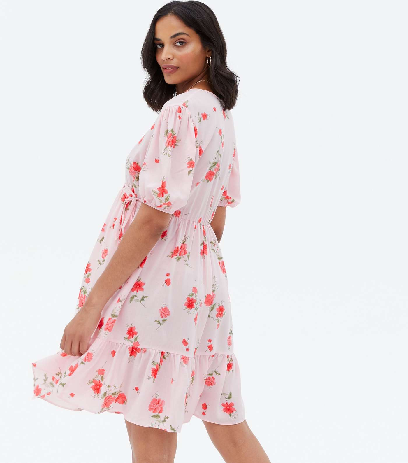 Maternity Pink Floral Puff Sleeve Mini Wrap Dress Image 4