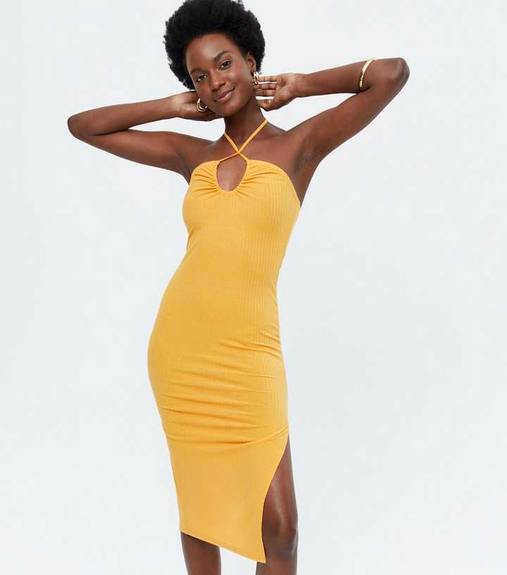 yellow bodycon midi dress